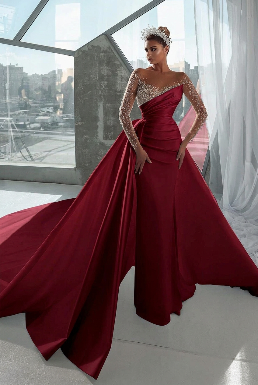 Burgundy v-neck rhinestone A-line wedding dress