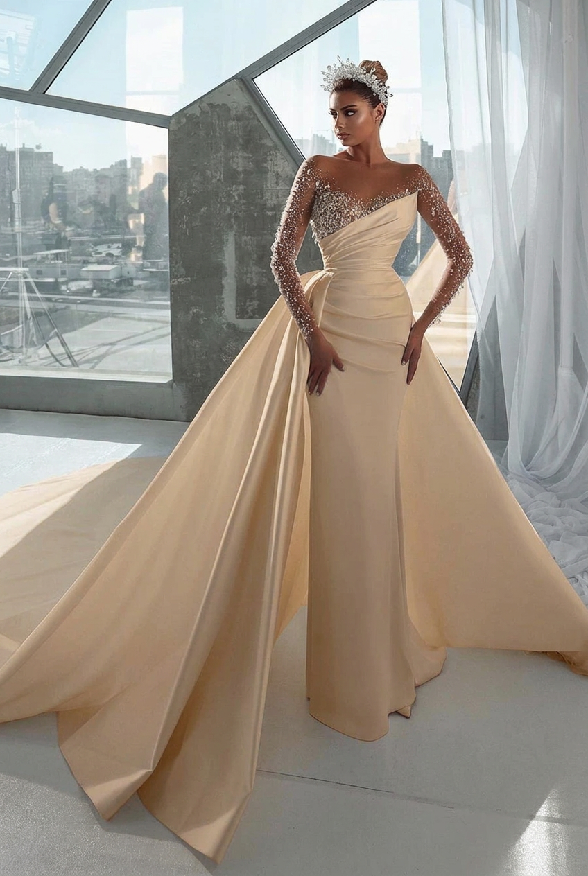 Champagne v-neck rhinestone A-line wedding dress