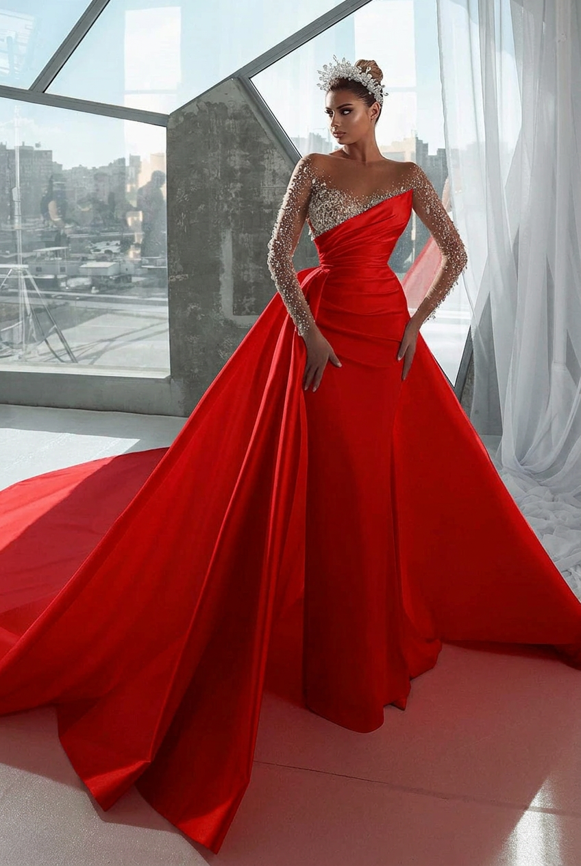 Red v-neck rhinestone A-line wedding dress