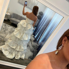 Glamorous Long White Strapless Lace Prom Dress with Detachable Train