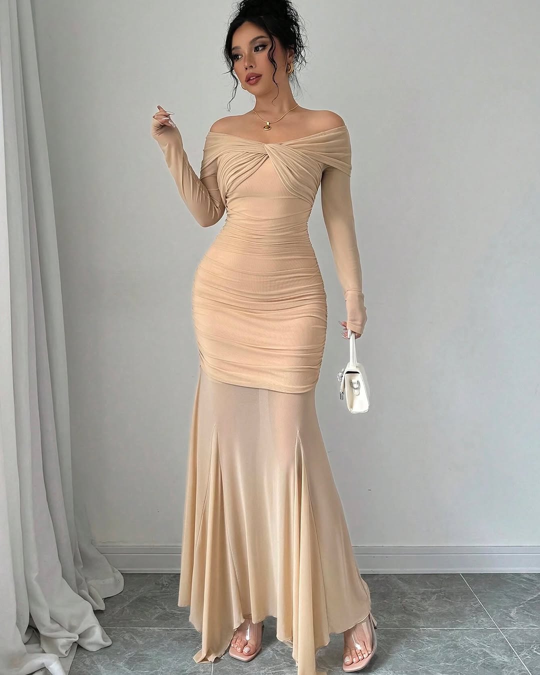 Glamorous Off-The-Shoulder Long Sleeves Mermaid Formal Dress With Pleated