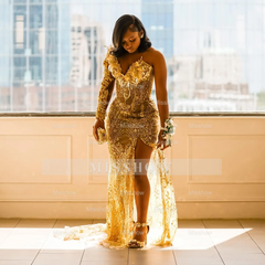 Glamorous One-Shoulder Gold Mermaid Prom Dress 3D Floral Illusion Bodice Prom Gown with Crystal Beading & High Slit