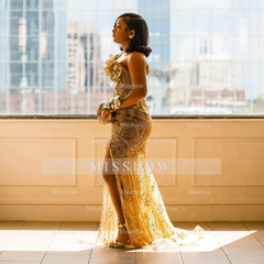 Glamorous One-Shoulder Gold Mermaid Prom Dress 3D Floral Illusion Bodice Prom Gown with Crystal Beading & High Slit