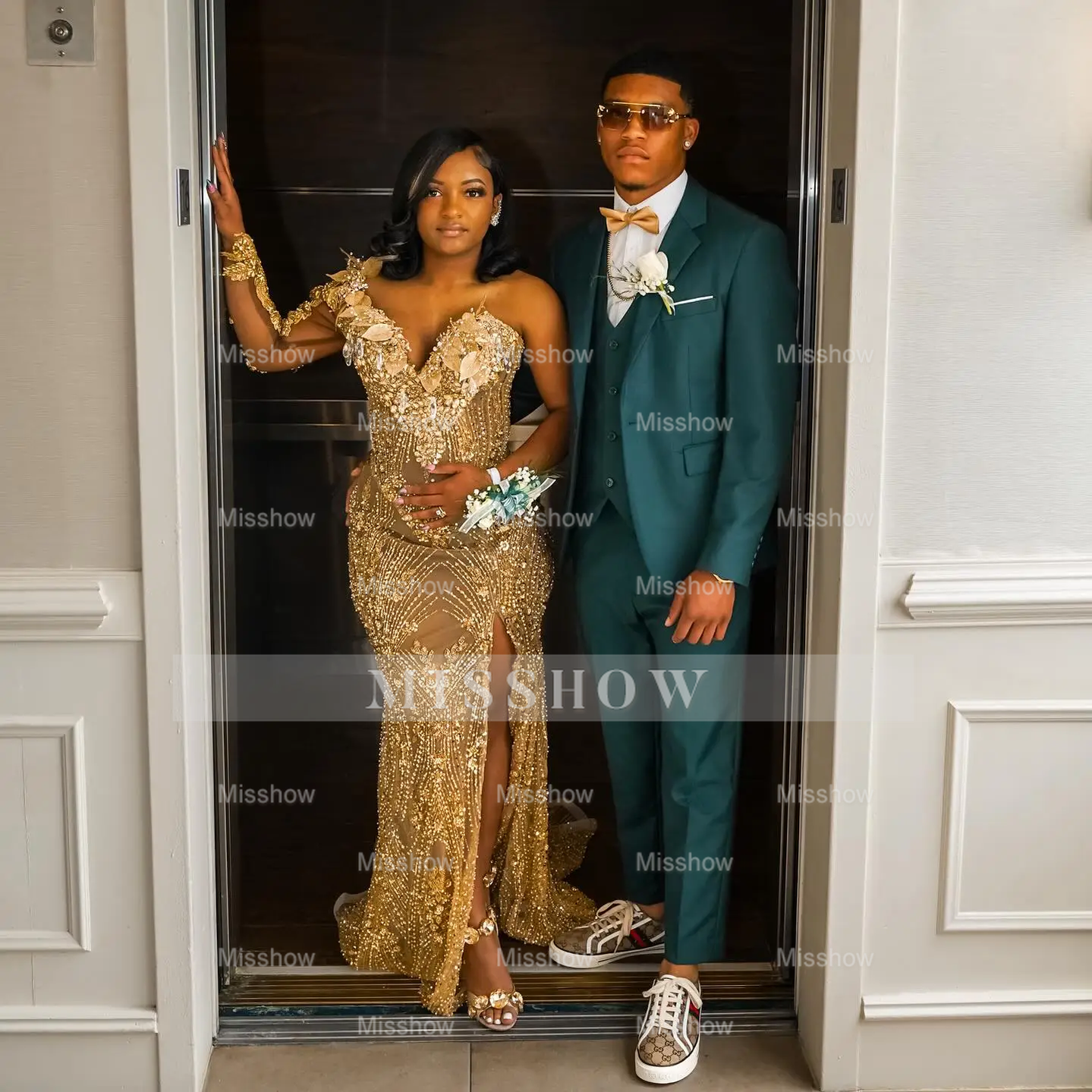 Glamorous One-Shoulder Gold Mermaid Prom Dress 3D Floral Illusion Bodice Prom Gown with Crystal Beading & High Slit