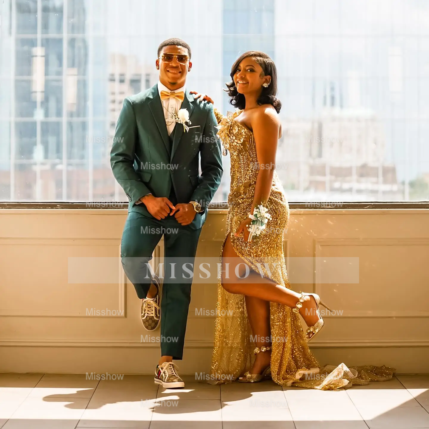 Glamorous One-Shoulder Gold Mermaid Prom Dress 3D Floral Illusion Bodice Prom Gown with Crystal Beading & High Slit