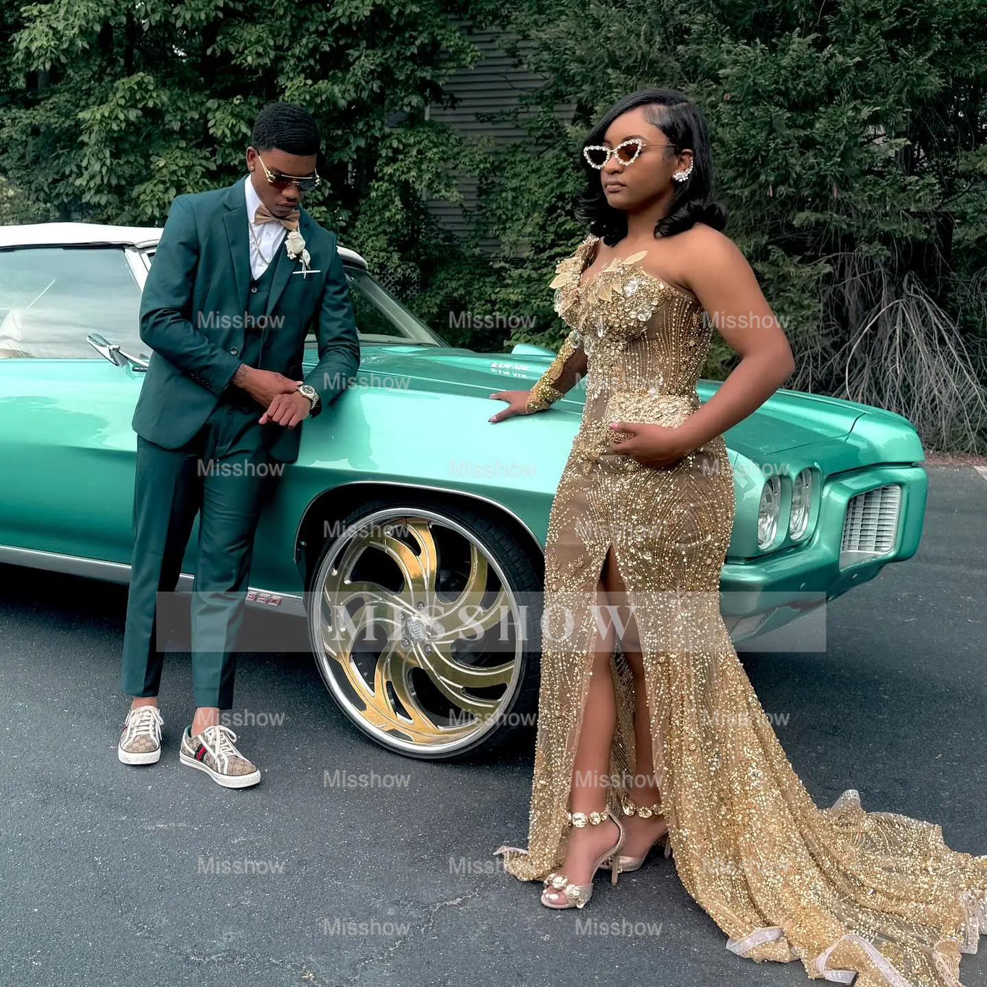 Glamorous One-Shoulder Gold Mermaid Prom Dress 3D Floral Illusion Bodice Prom Gown with Crystal Beading & High Slit