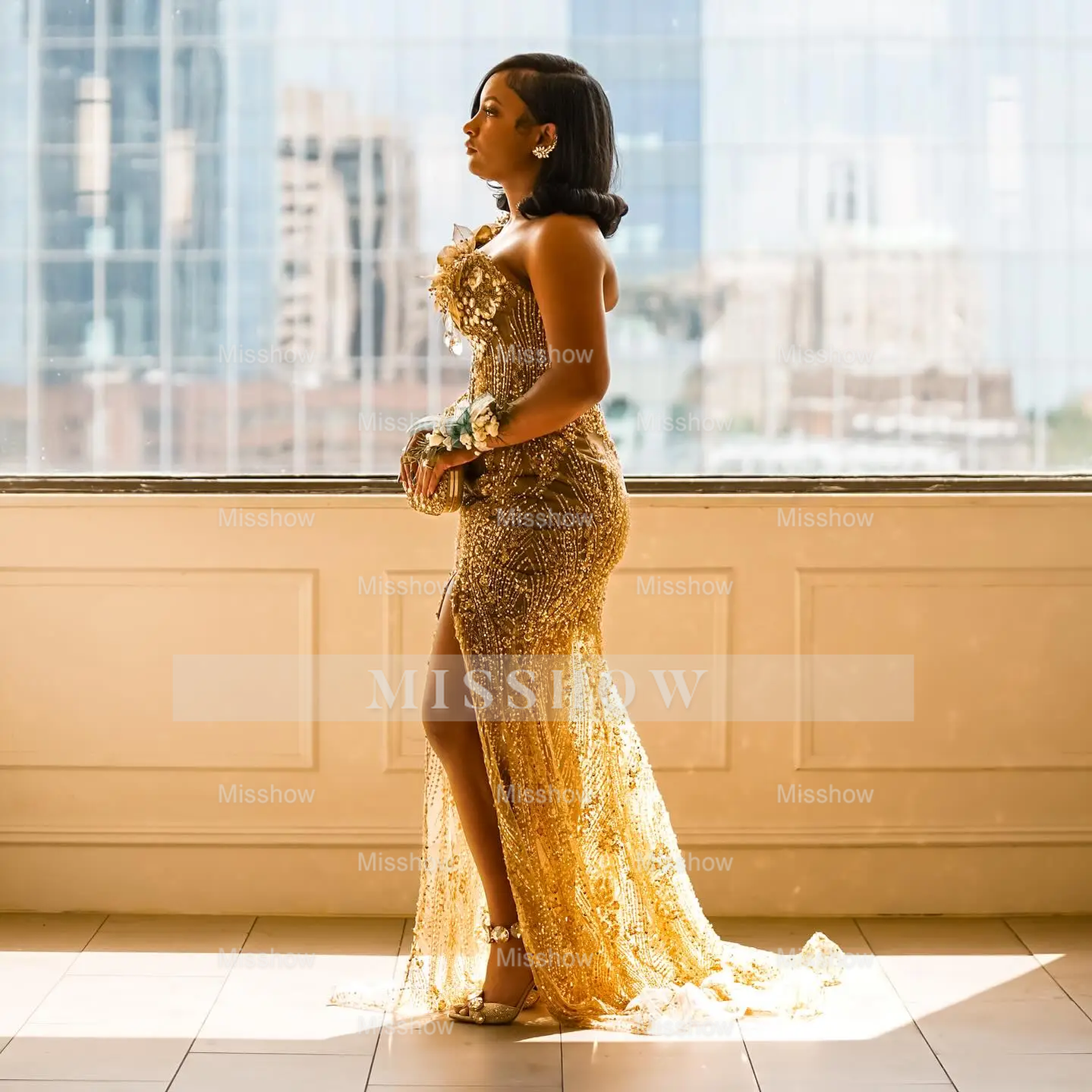 Gold illusion split-front mermaid prom dress