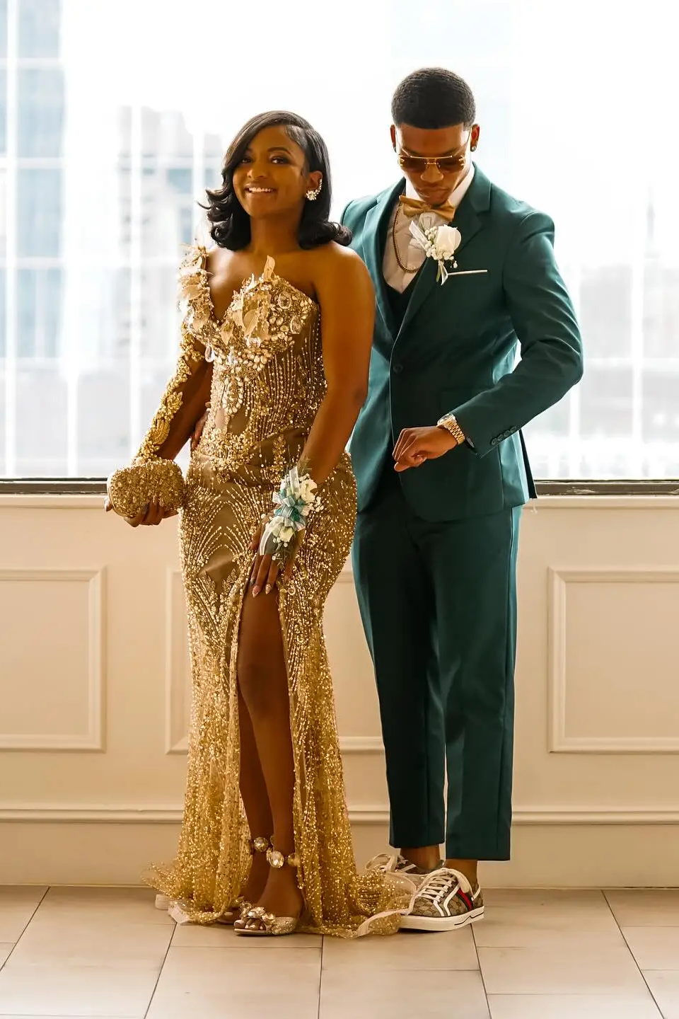 Gold illusion split-front mermaid prom dress