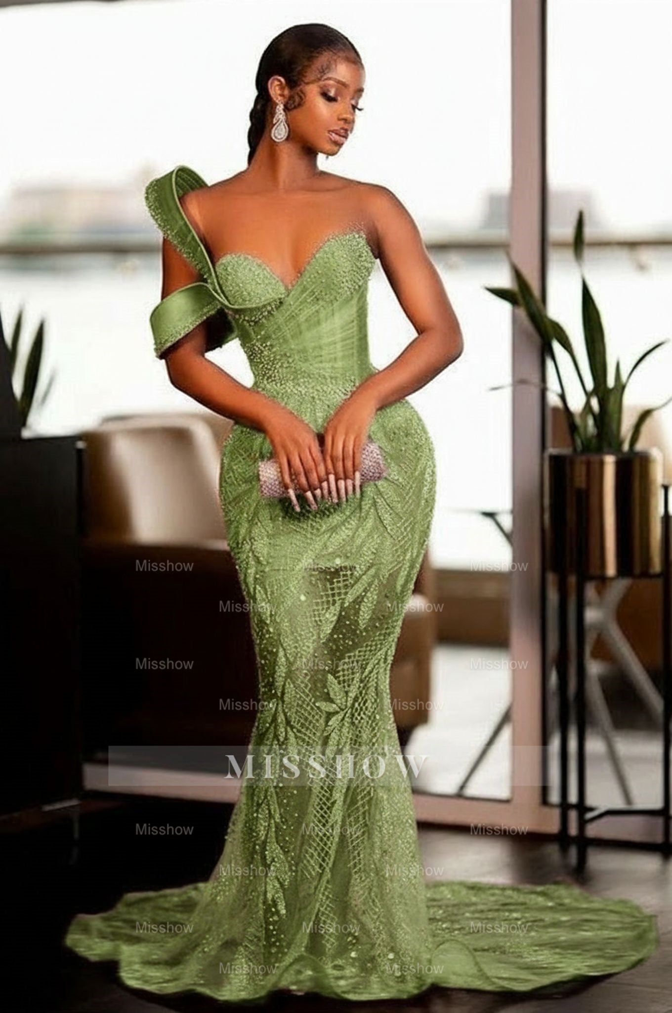 Glamorous One Shoulder Mermaid Prom Dress with Glitter Sequins Pearls and Ruffles - Sweetheart Evening Gown