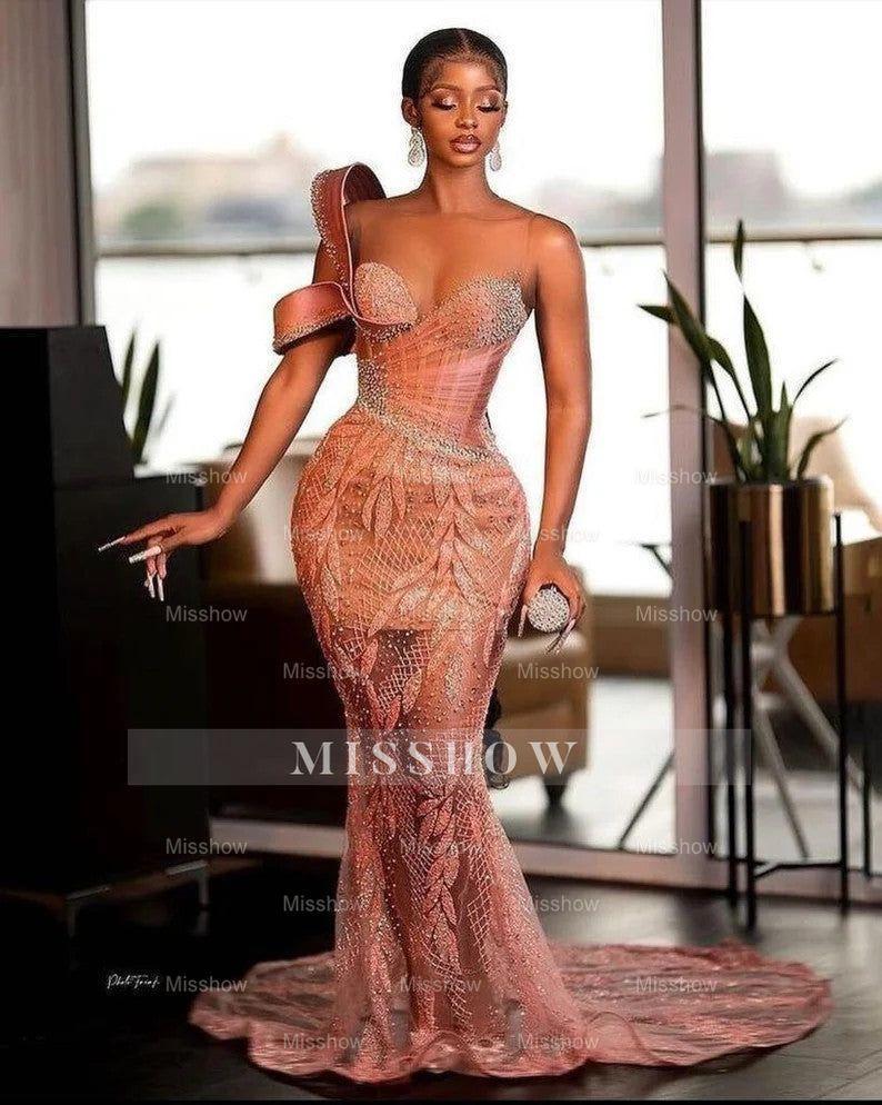 Glamorous One Shoulder Mermaid Prom Dress with Glitter Sequins Pearls and Ruffles - Sweetheart Evening Gown