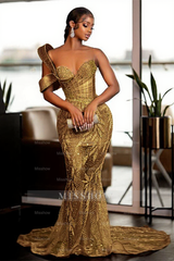 Glamorous One Shoulder Mermaid Prom Dress with Glitter Sequins Pearls and Ruffles - Sweetheart Evening Gown