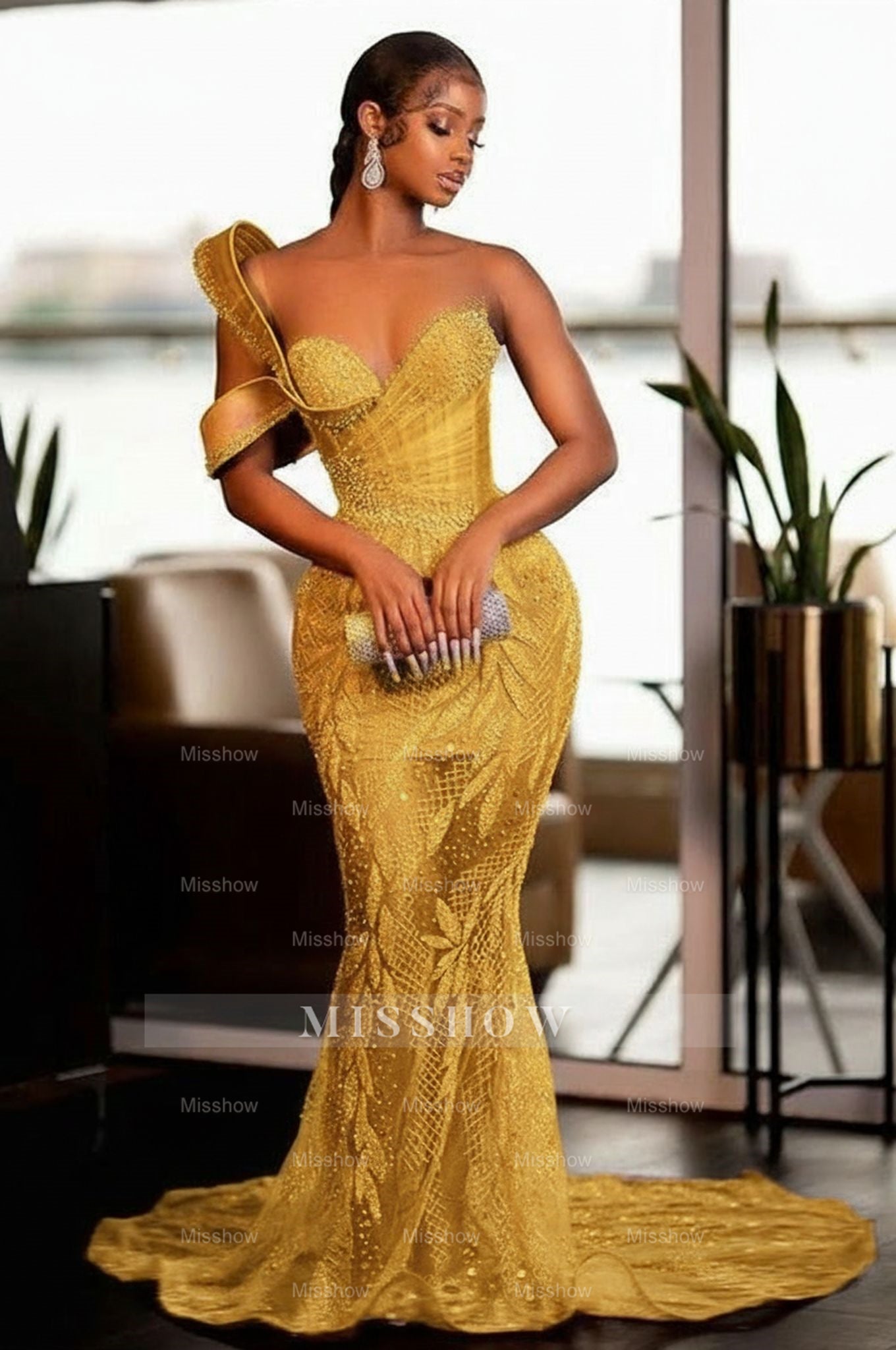 Yellow scoop rhinestone mermaid prom dress