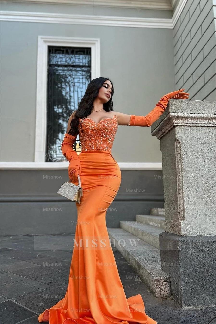 Glamorous Orange Stain Strapless Mermaid Beaded Long Formal Dress With Gloves