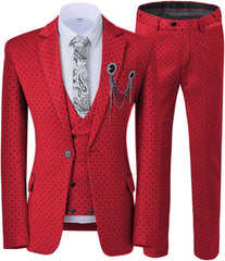 Glamorous Ruby Red Notched Lapel Three-Piece Prom Suit with Black Polka Dots