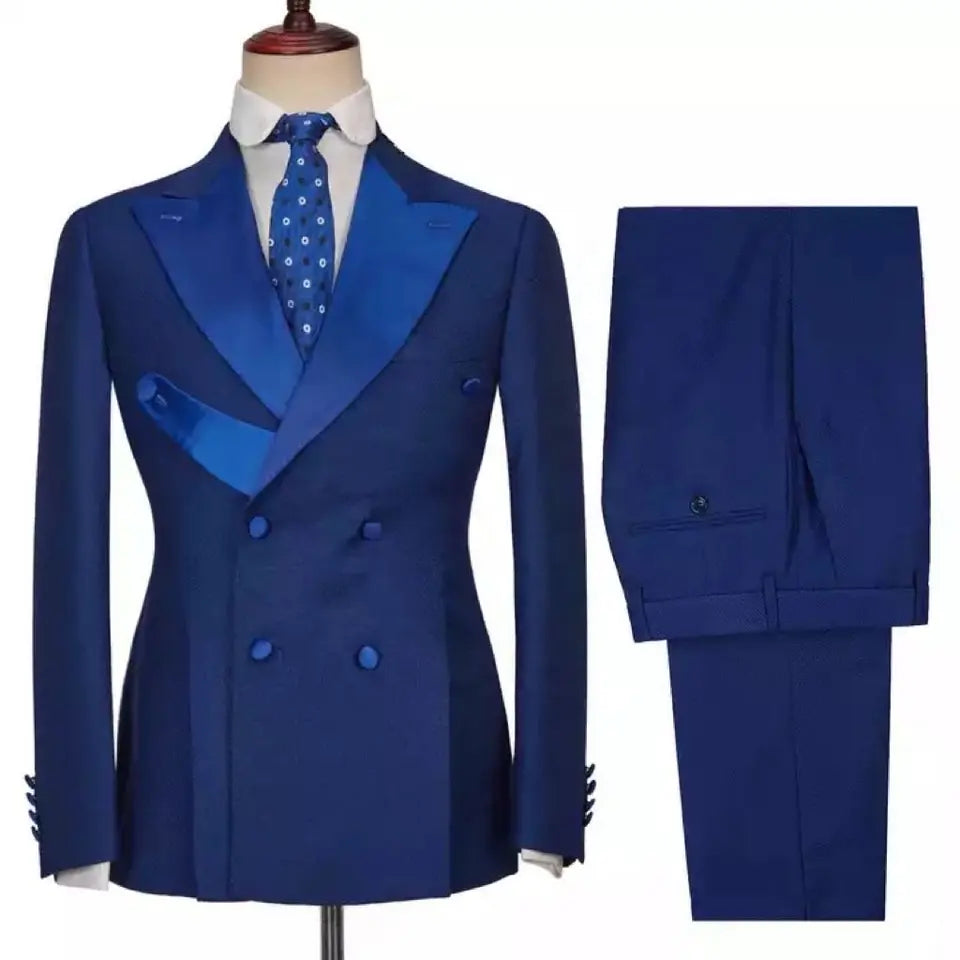 Glamorous Sapphire Blue Peaked Lapel Double Breasted Prom Attire