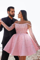 Glamorous Short Pink Cocktail Dresses Off-the-shoulder Glitter Prom Evening Dresses With Lace