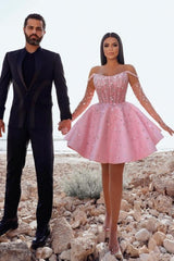 Glamorous Short Pink Cocktail Dresses Off-the-shoulder Glitter Prom Evening Dresses With Lace