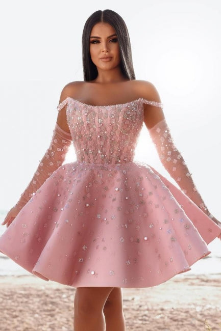 Glamorous Short Pink Cocktail Dresses Off-the-shoulder Glitter Prom Evening Dresses With Lace