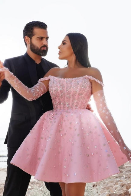 Glamorous Short Pink Cocktail Dresses Off-the-shoulder Glitter Prom Evening Dresses With Lace
