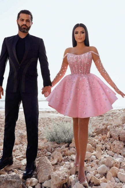 Glamorous Short Pink Cocktail Dresses Off-the-shoulder Glitter Prom Evening Dresses With Lace
