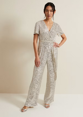 Glamorous Short Sleeves Belt Ivory V-Neck Customizable Jump Suit