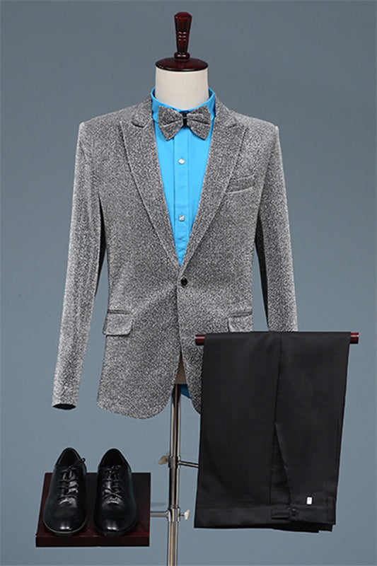 Glamorous Silver Peaked Lapel Two-Piece Sequined Prom Suit