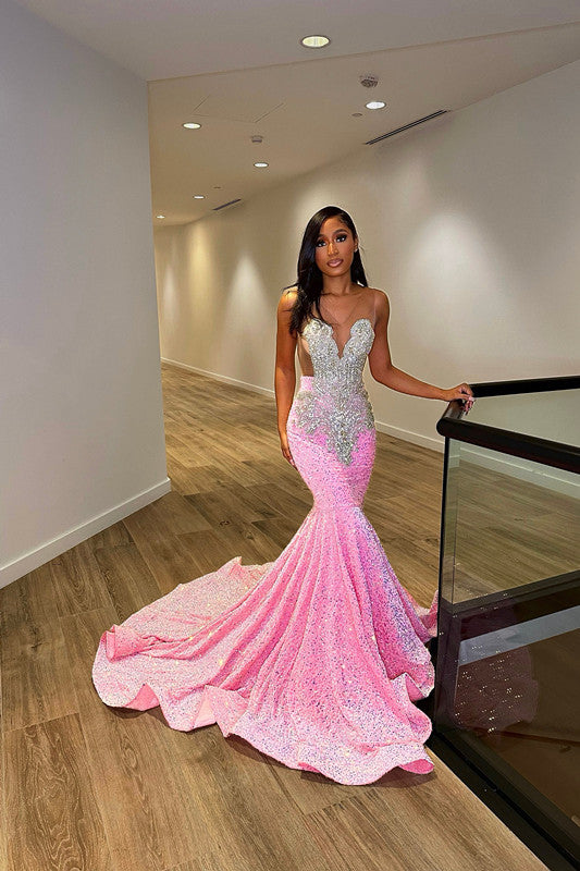 Glamorous Sliver And Pink V Neck Mermaid Formal Dress Sleeveless With Appliques