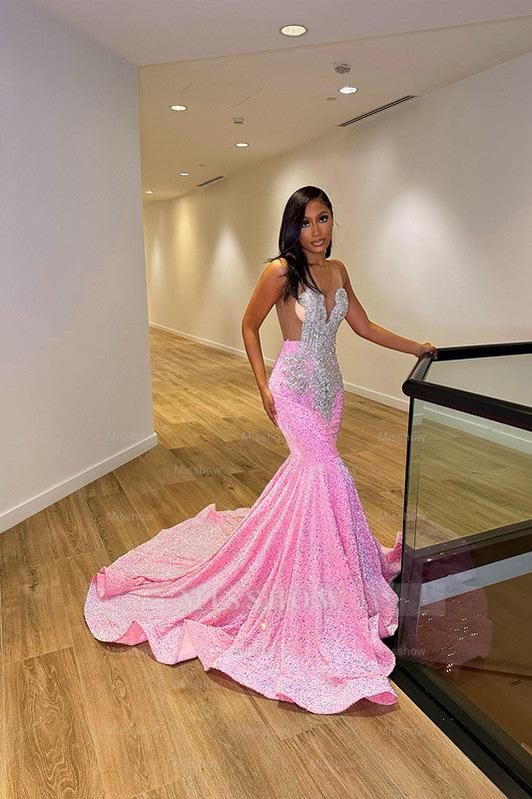 Glamorous Sliver And Pink V Neck Mermaid Formal Dress Sleeveless With Appliques