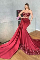 Glamorous Strapless Sleeveless Long Pleated Mermaid Formal Dress With Embroidery