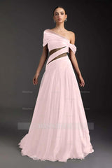 Glamorous Tulle One Shoulder Sleeveless Long Formal Dress With Pleated