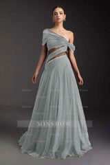 Glamorous Tulle One Shoulder Sleeveless Long Formal Dress With Pleated