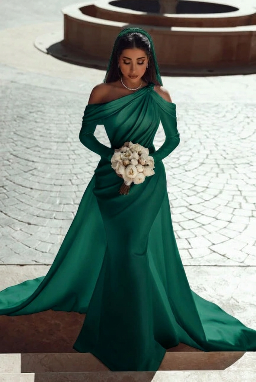 Dark green one shoulder ruffled mermaid wedding dress