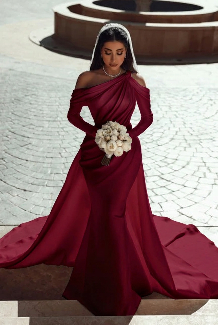 Burgundy one shoulder ruffled mermaid wedding dress