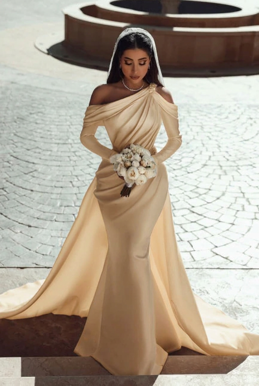 Champagne one shoulder ruffled mermaid wedding dress