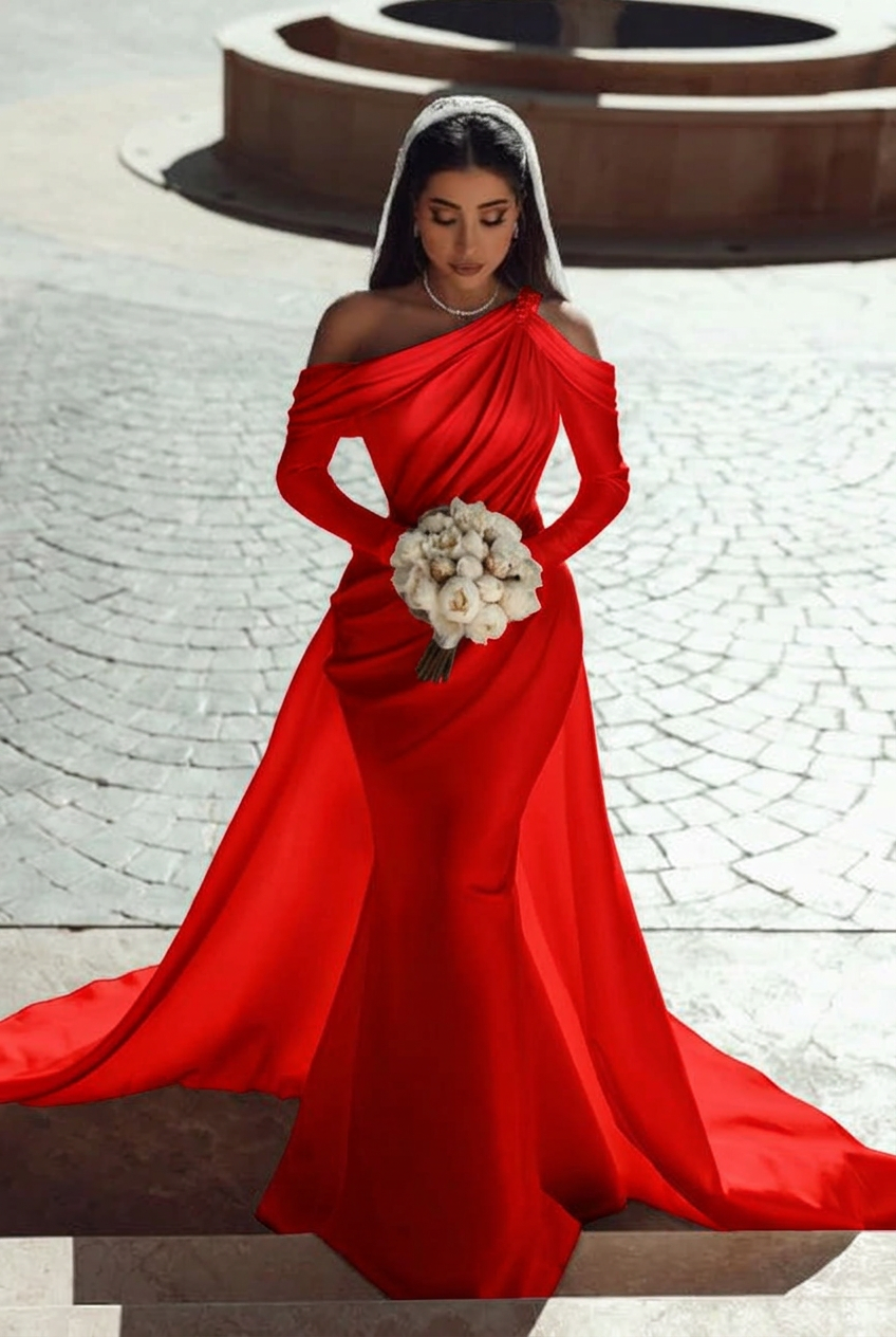 Red one shoulder ruffled mermaid wedding dress