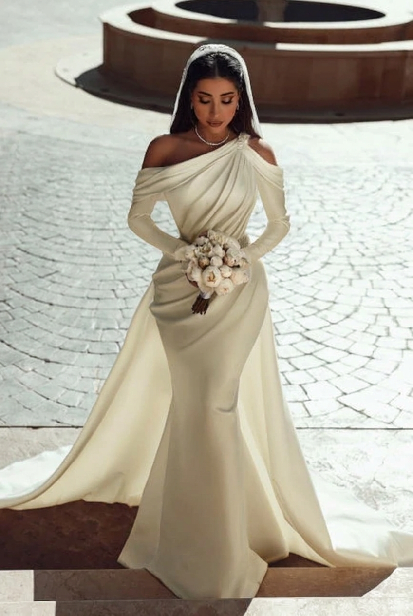 Ivory one shoulder ruffled mermaid wedding dress