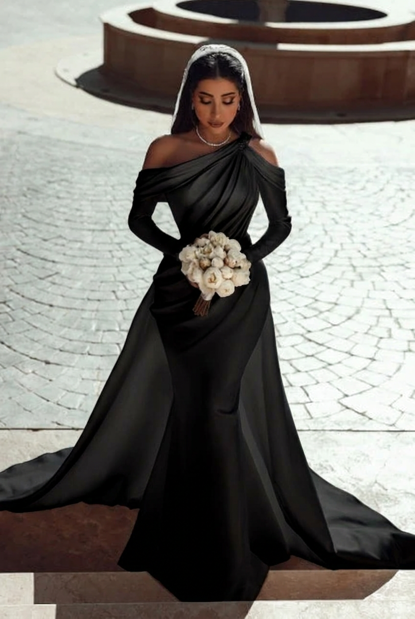 Black one shoulder ruffled mermaid wedding dress
