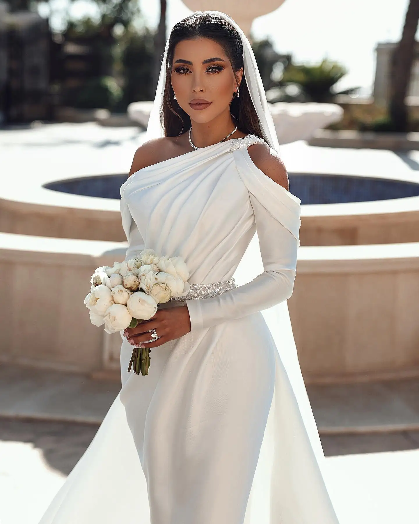 Glamorous one shoulder long sleeves mermaid satin Wedding dress with ruffles