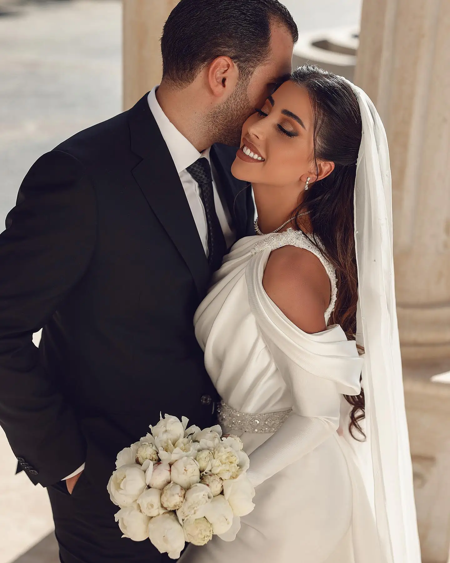 Glamorous one shoulder long sleeves mermaid satin Wedding dress with ruffles