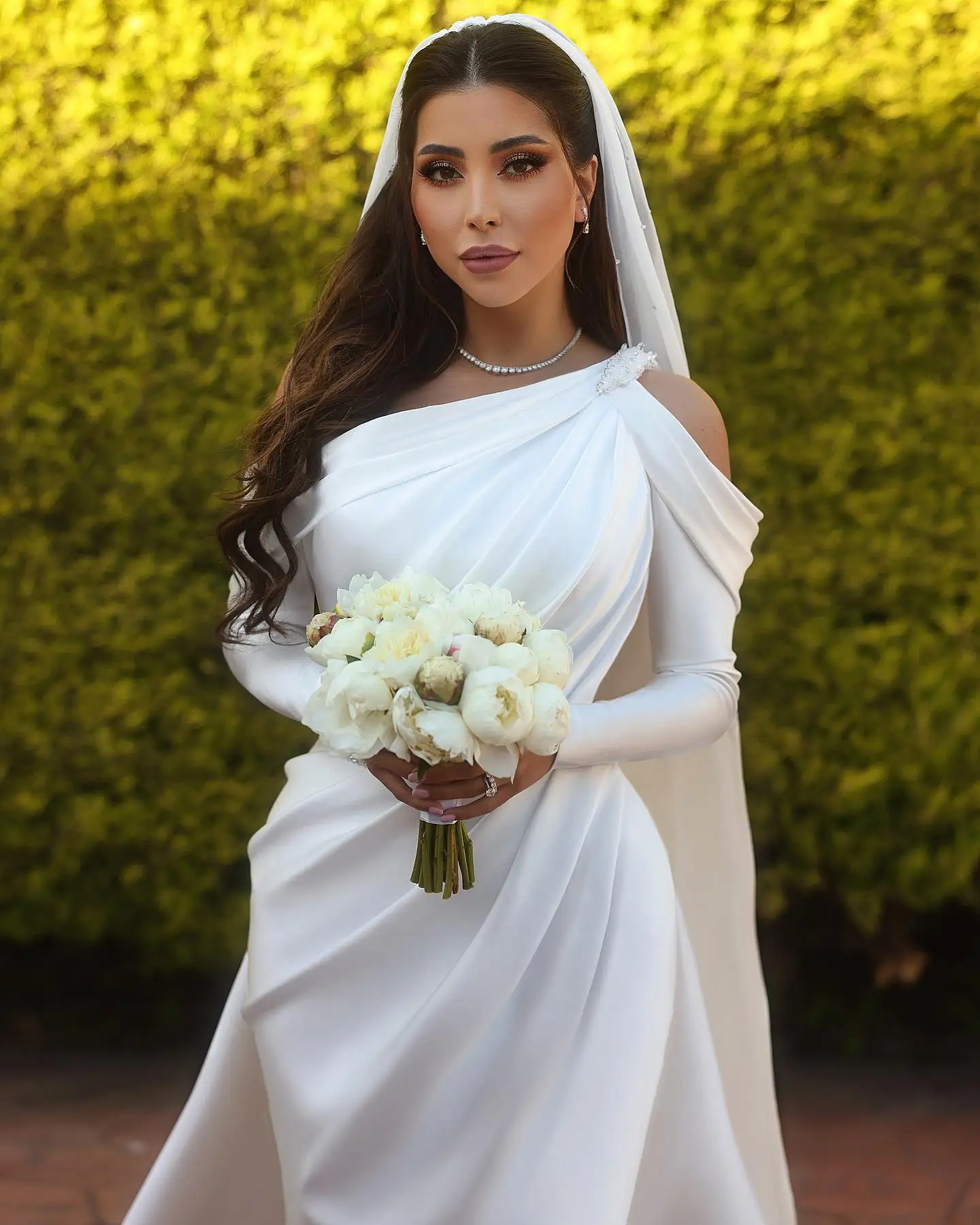 Glamorous one shoulder long sleeves mermaid satin Wedding dress with ruffles