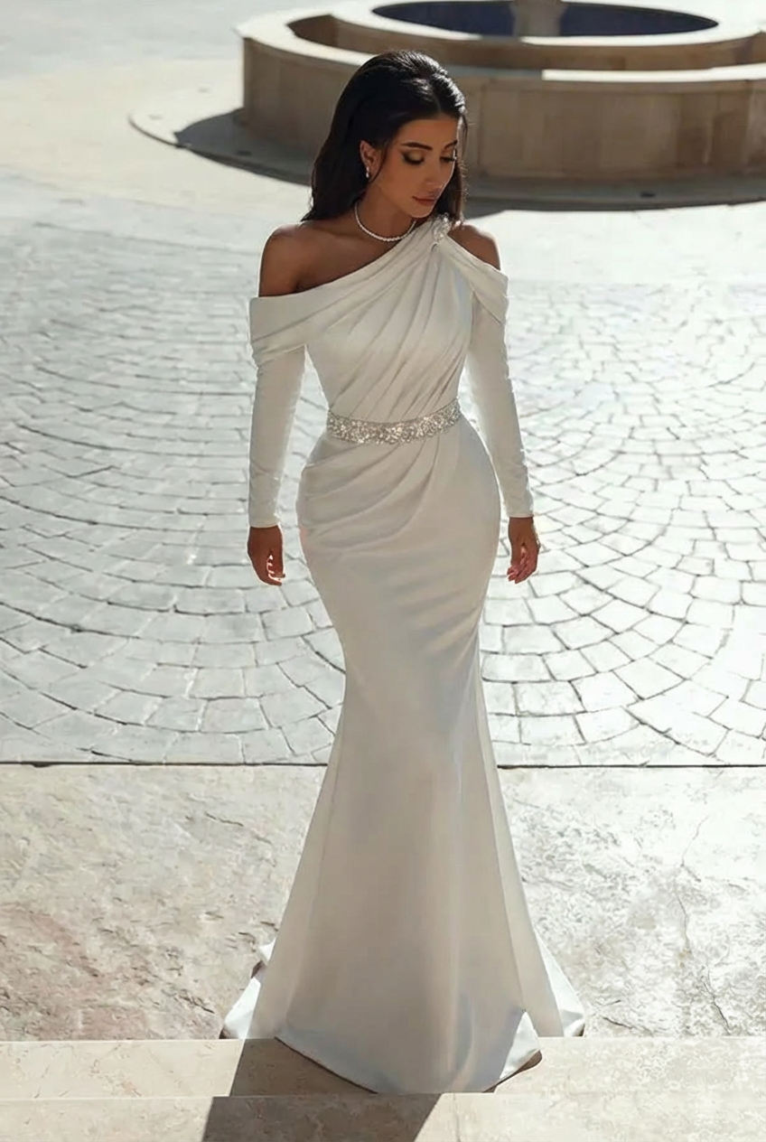 Glamorous one shoulder long sleeves mermaid satin Wedding dress with ruffles