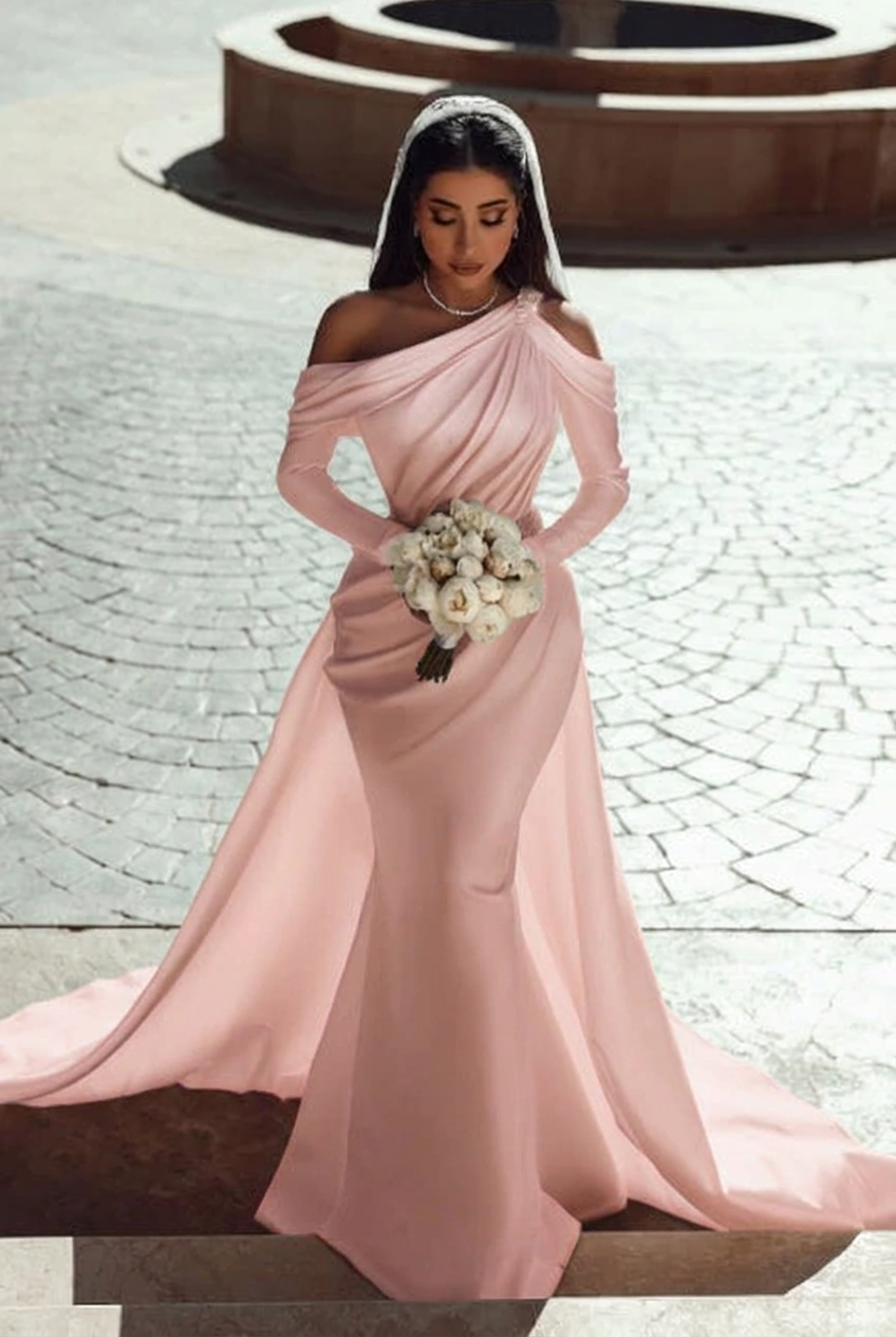 Blushing pink one shoulder ruffled mermaid wedding dress