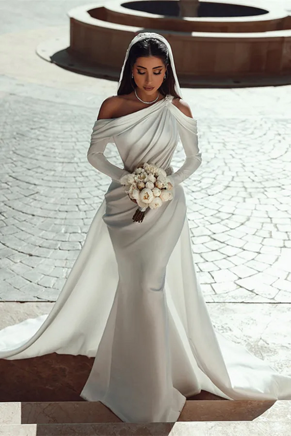 one shoulder satin wedding dress Unique One Shoulder Sati Beads Sheath Boho Wedding Dress Ivory Bridal Gown QW2356 Custom Size / Custom Color