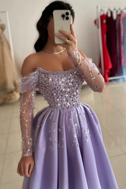 Glamorous Lilac Strapless A-Line One-shoulder Illusion Sleeve Beaded Satin Prom Evening Dresses With Pearls And Rhinestones