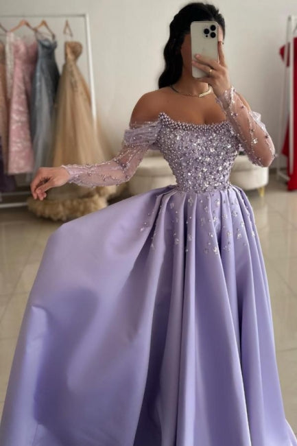 Glamorous Lilac Strapless A-Line One-shoulder Illusion Sleeve Beaded Satin Prom Evening Dresses With Pearls And Rhinestones