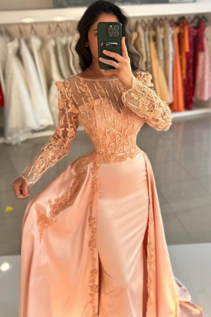 Glamorous Mermaid Orange Crew Long Sleeves Lace Floor-Length Detachable Panel Train Satin Prom Evening Dresses