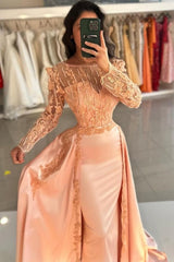 Glamorous Mermaid Orange Crew Long Sleeves Lace Floor-Length Detachable Panel Train Satin Prom Evening Dresses
