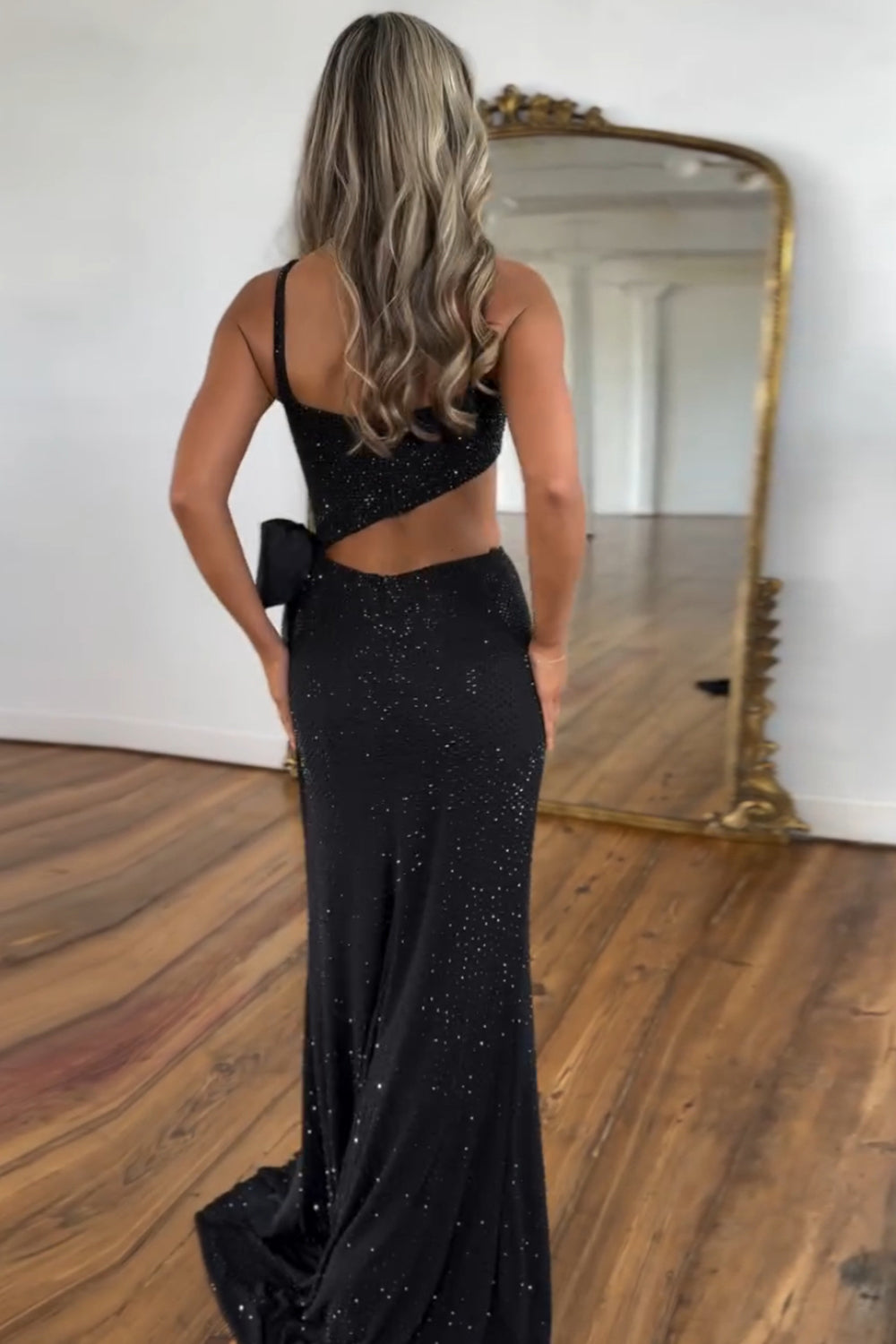 Black square beaded mermaid prom dress