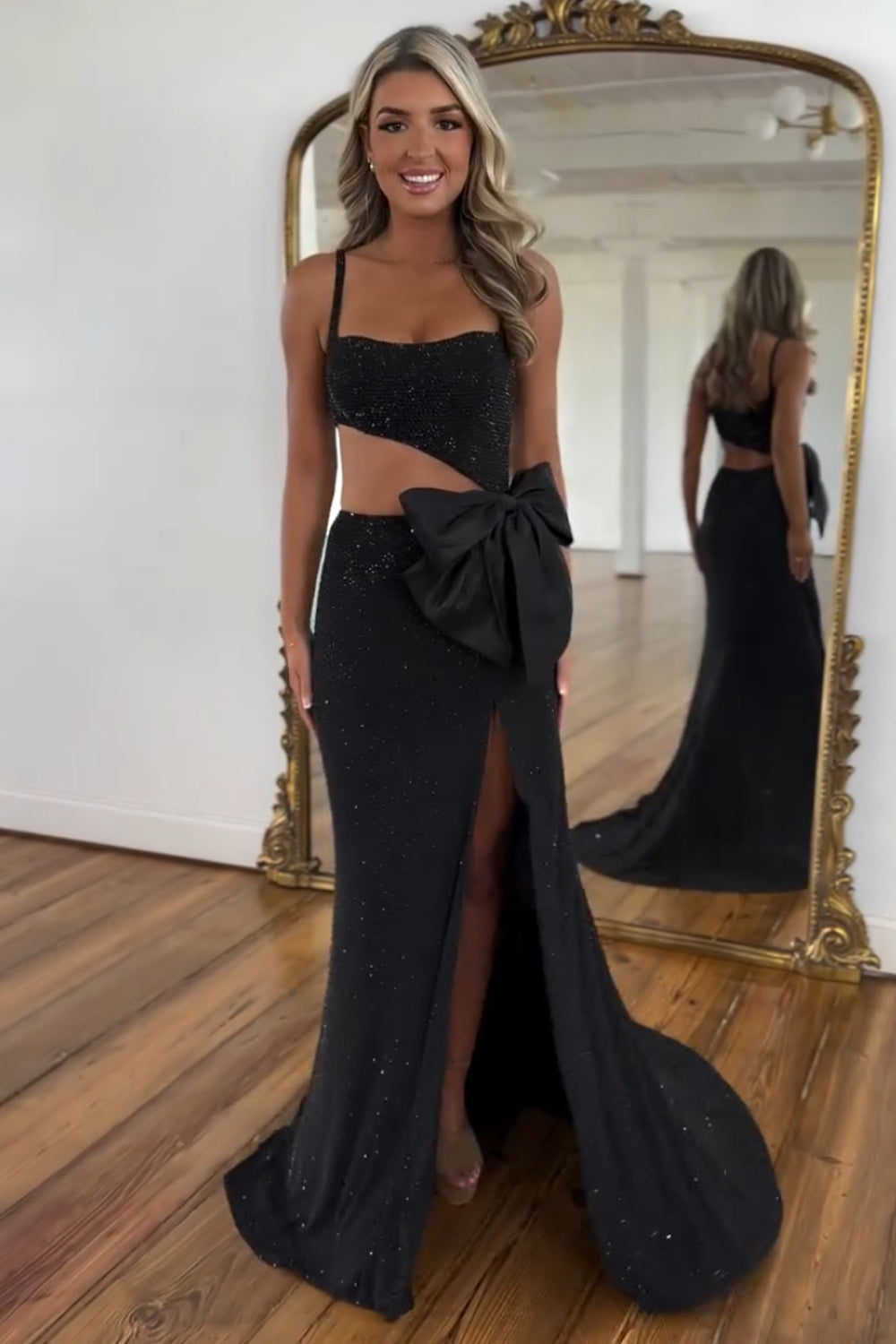 Black square beaded mermaid prom dress