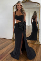Black square beaded mermaid prom dress
